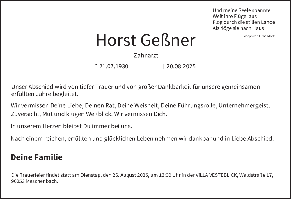  Traueranzeige für Horst Geßner vom 23.08.2025 aus MGO