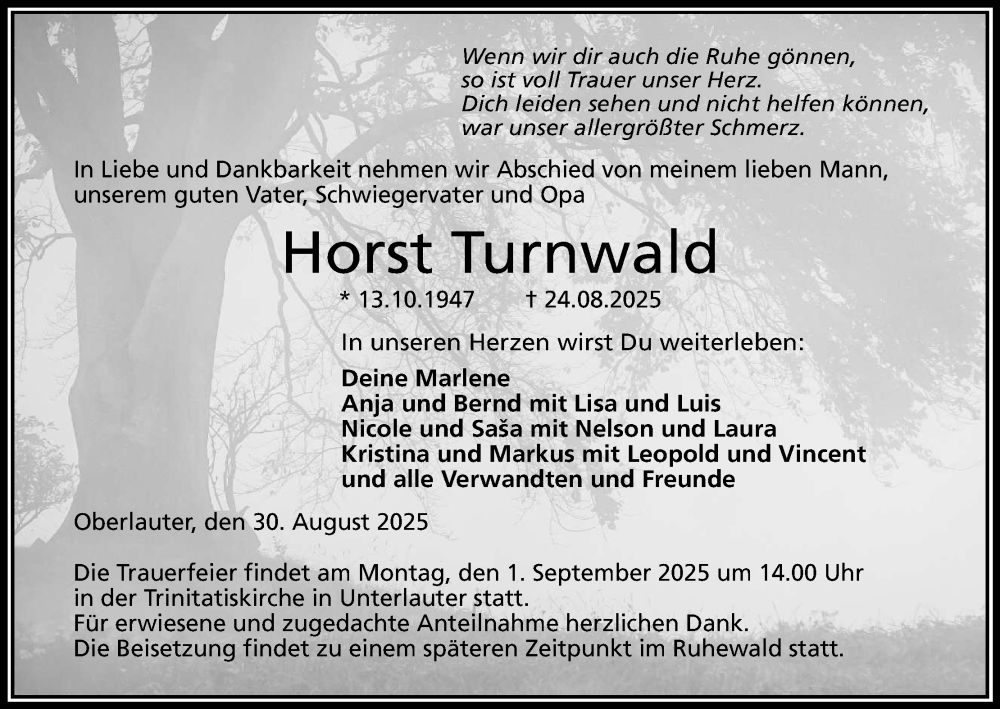  Traueranzeige für Horst Turnwald vom 30.08.2025 aus MGO