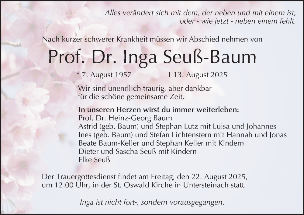  Traueranzeige für Inga Seuß-Baum vom 16.08.2025 aus MGO