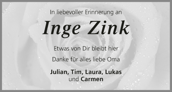 Anzeige von Inge Zink von MGO