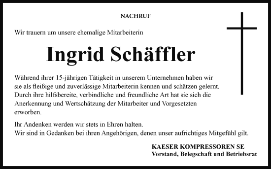 Anzeige von Ingrid Schäffler von MGO