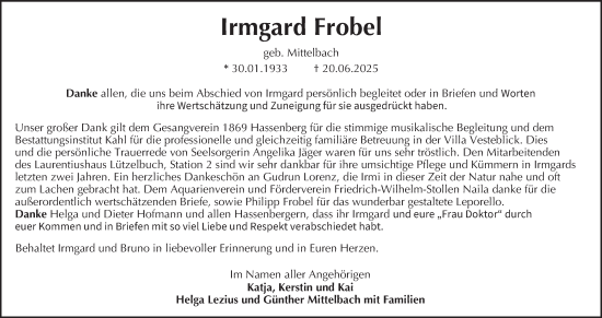 Anzeige von Irmgard Frobel von MGO