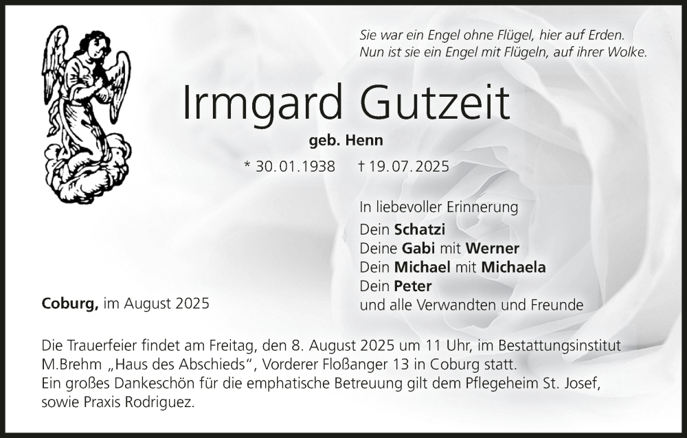  Traueranzeige für Irmgard Gutzeit vom 02.08.2025 aus MGO
