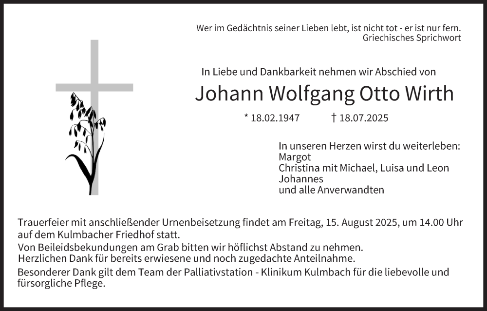  Traueranzeige für Johann Wolfgang Otto Wirth vom 09.08.2025 aus MGO