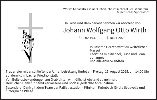 Anzeige von Johann Wolfgang Otto Wirth von MGO