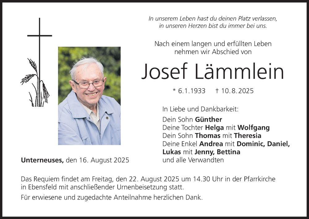  Traueranzeige für Josef Lämmlein vom 16.08.2025 aus MGO
