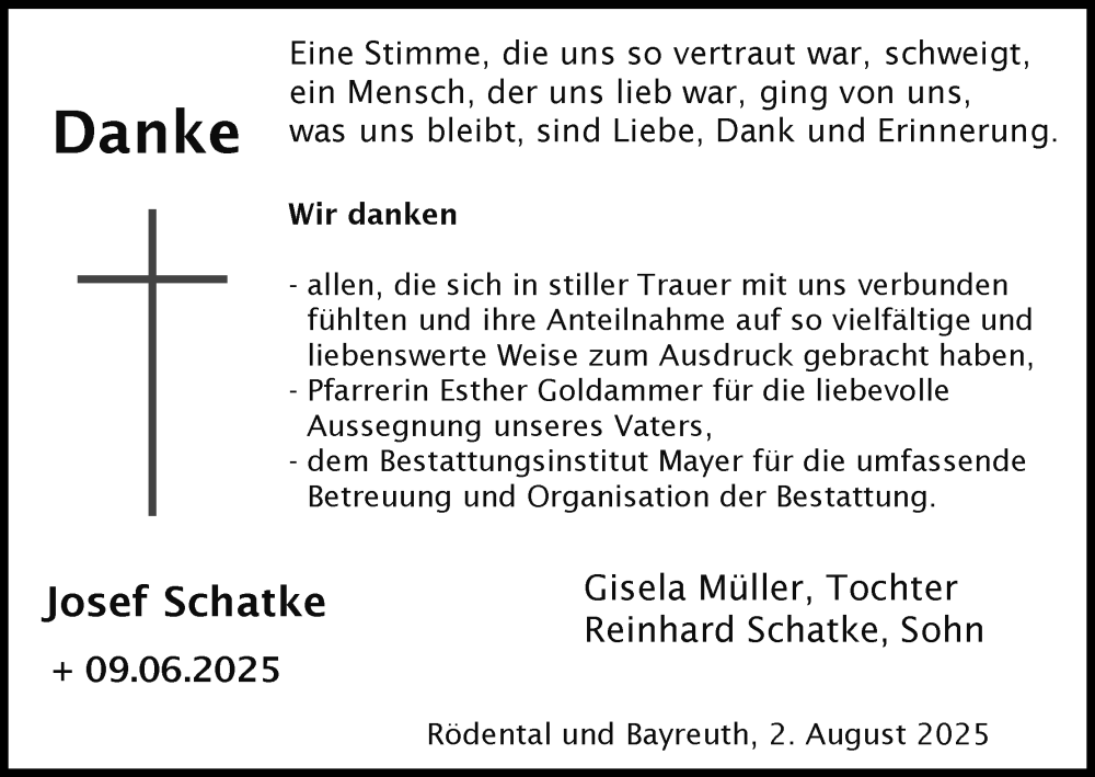  Traueranzeige für Josef Schatke vom 02.08.2025 aus MGO