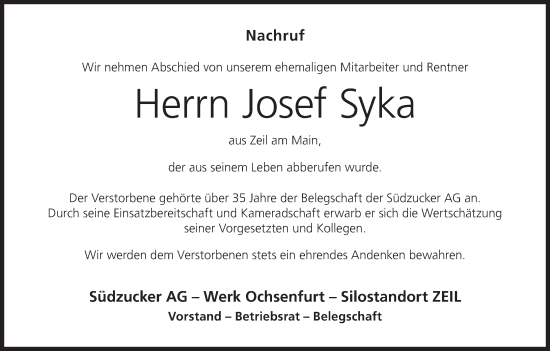 Anzeige von Josef Syka von MGO