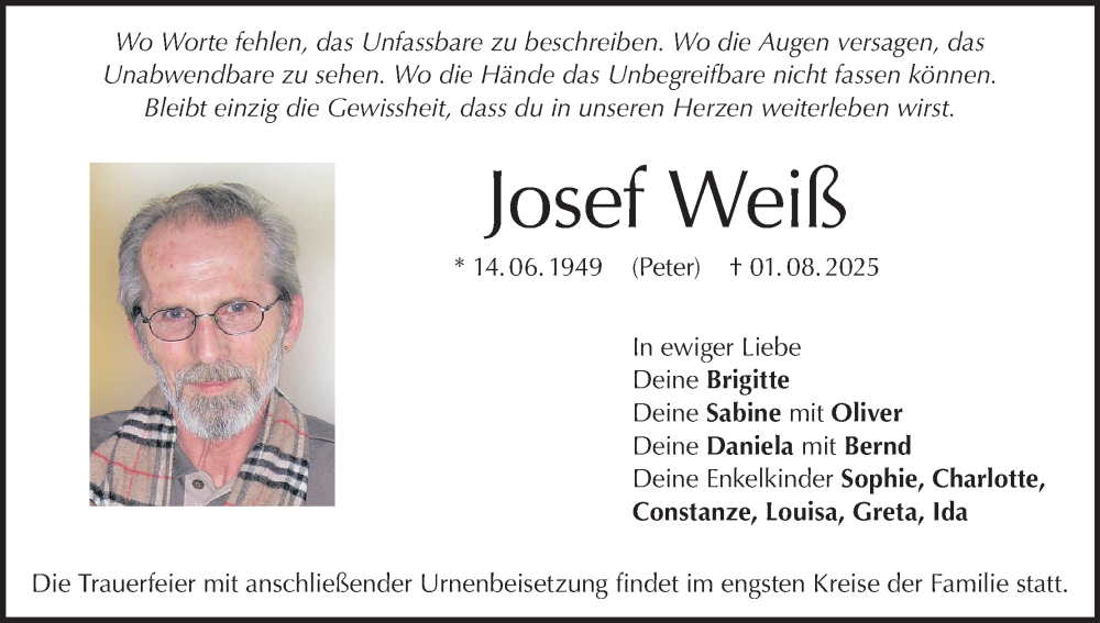  Traueranzeige für Josef Weiß vom 23.08.2025 aus MGO