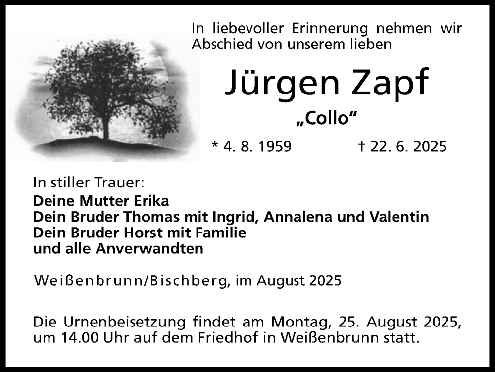  Traueranzeige für Jürgen Zapf vom 16.08.2025 aus MGO