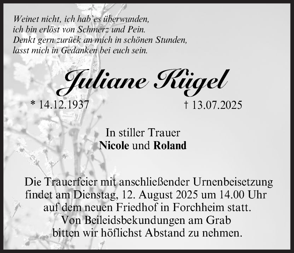  Traueranzeige für Juliane Kügel vom 09.08.2025 aus MGO