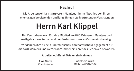 Anzeige von Karl Klippel von MGO
