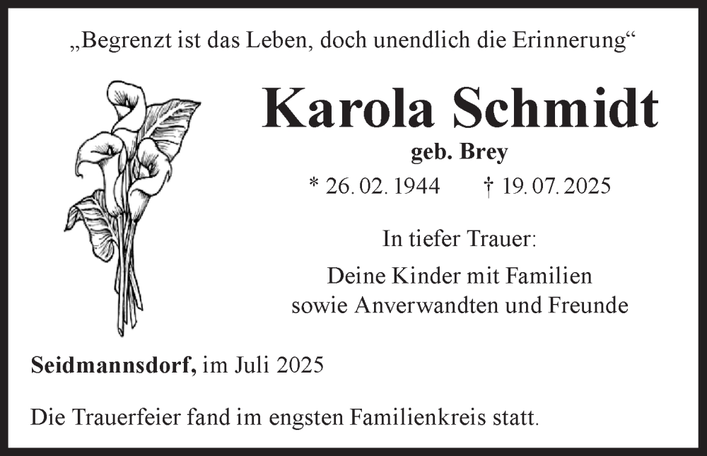  Traueranzeige für Karola Schmidt vom 02.08.2025 aus MGO