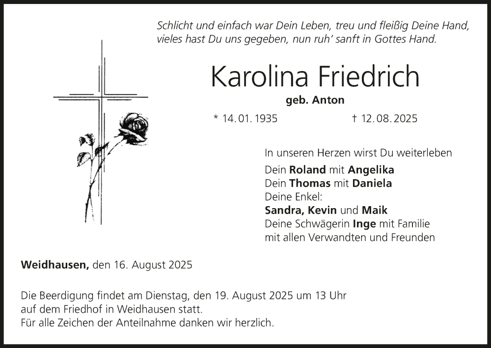  Traueranzeige für Karolina Friedrich vom 16.08.2025 aus MGO