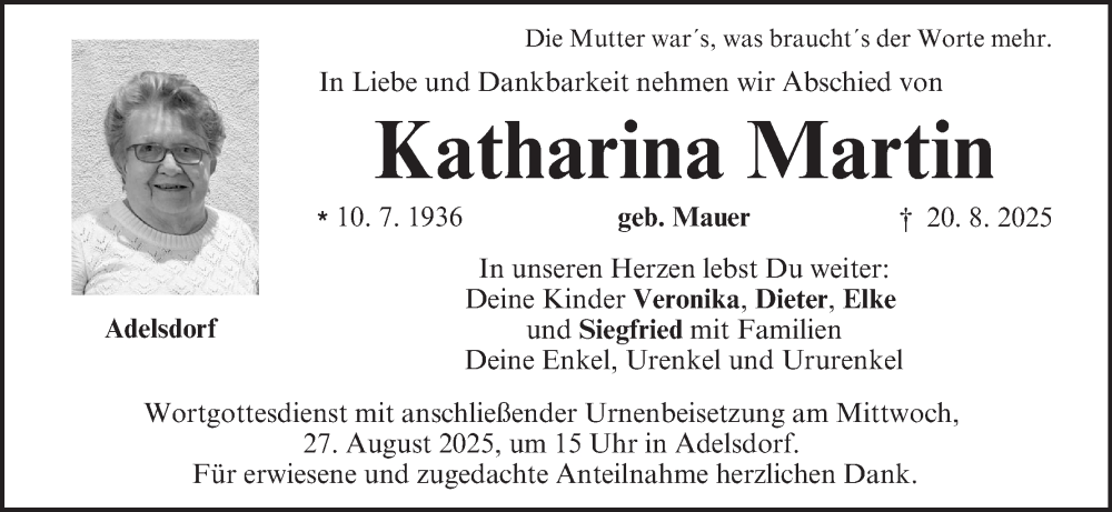  Traueranzeige für Katharina Martin vom 23.08.2025 aus MGO
