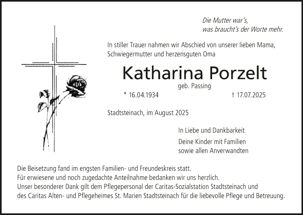 Traueranzeige für Katharina Porzelt vom 16.08.2025 aus MGO