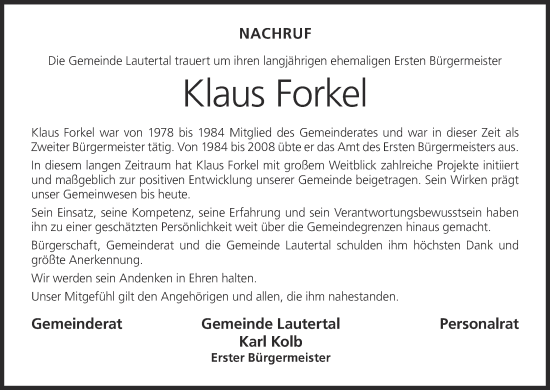 Anzeige von Klaus Forkel von MGO