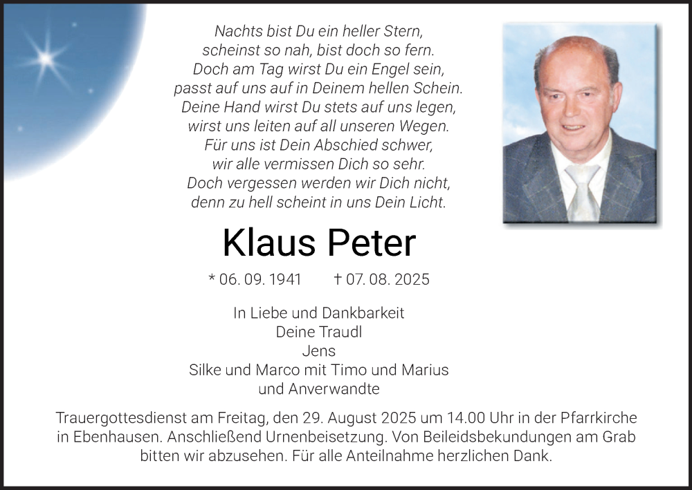  Traueranzeige für Klaus Peter vom 23.08.2025 aus MGO