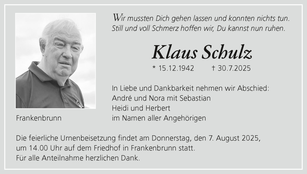  Traueranzeige für Klaus Schulz vom 02.08.2025 aus MGO