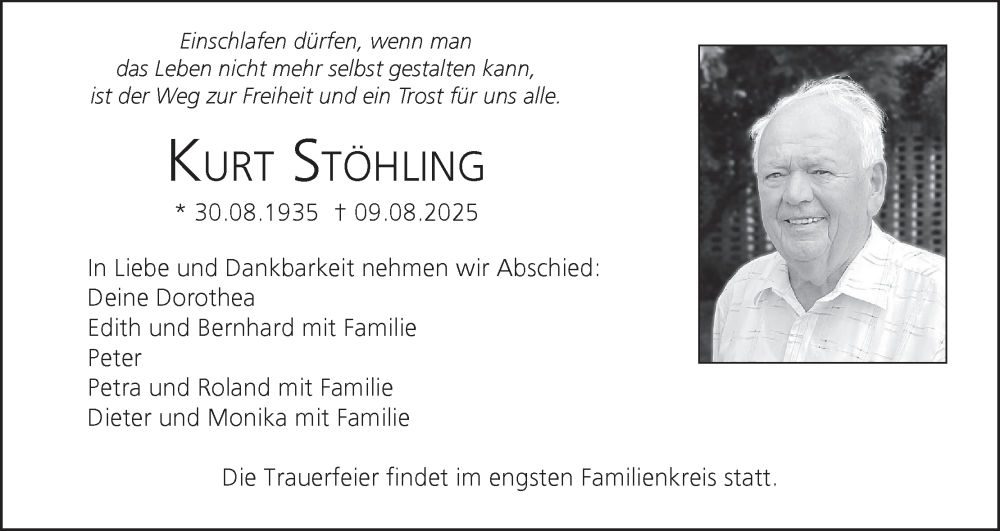  Traueranzeige für Kurt Stöhling vom 16.08.2025 aus MGO