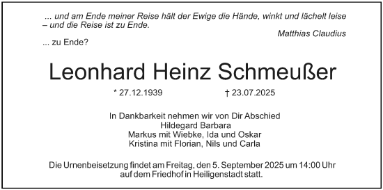 Anzeige von Leonhard Heinz Schmeußer von MGO