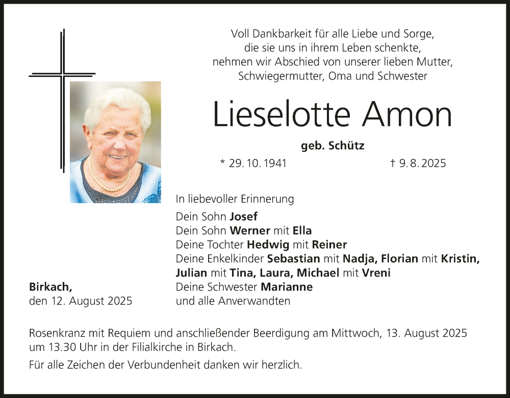  Traueranzeige für Lieselotte Amon vom 12.08.2025 aus MGO