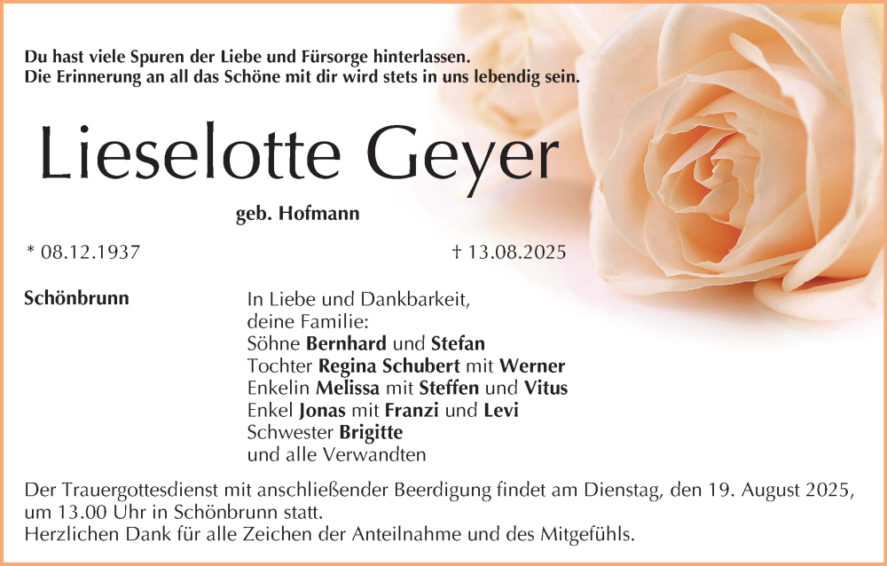  Traueranzeige für Lieselotte Geyer vom 16.08.2025 aus MGO