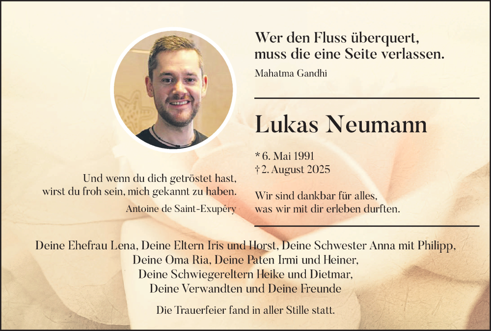  Traueranzeige für Lukas Neumann vom 30.08.2025 aus MGO