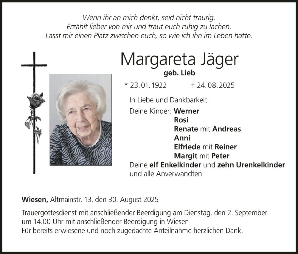  Traueranzeige für Margareta Jäger vom 30.08.2025 aus MGO