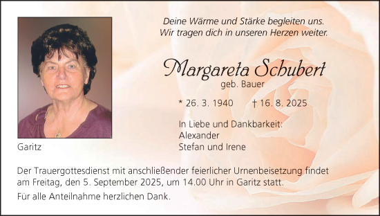 Anzeige von Margareta Schubert von MGO