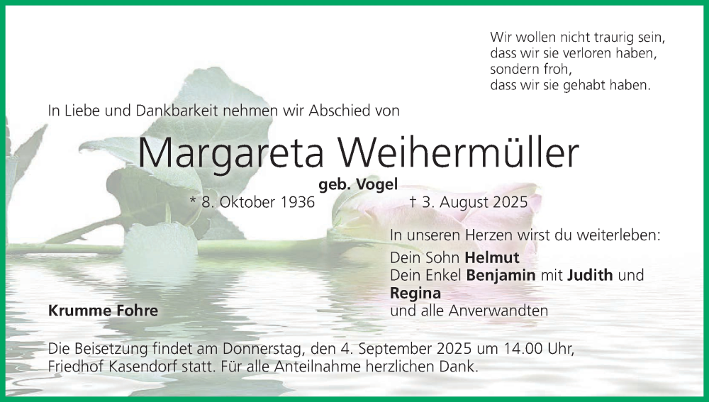 Traueranzeige für Margareta Weihermüller vom 30.08.2025 aus MGO