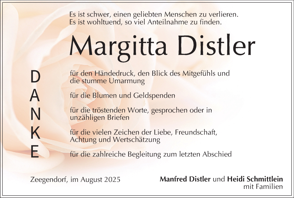  Traueranzeige für Margitta Distler vom 16.08.2025 aus MGO