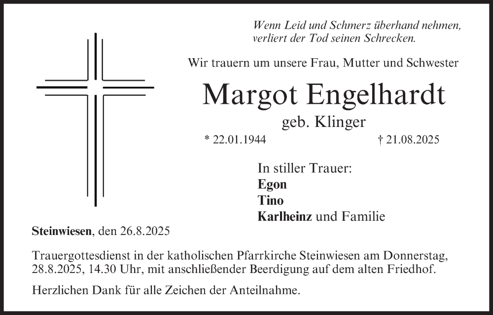  Traueranzeige für Margot Engelhardt vom 26.08.2025 aus MGO