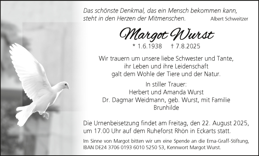  Traueranzeige für Margot Wurst vom 16.08.2025 aus MGO