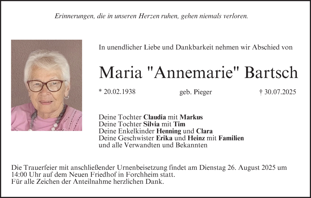  Traueranzeige für Maria  Bartsch vom 16.08.2025 aus MGO