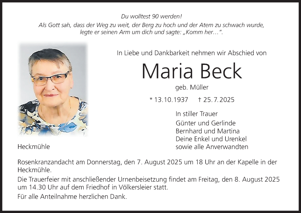  Traueranzeige für Maria Beck vom 06.08.2025 aus MGO
