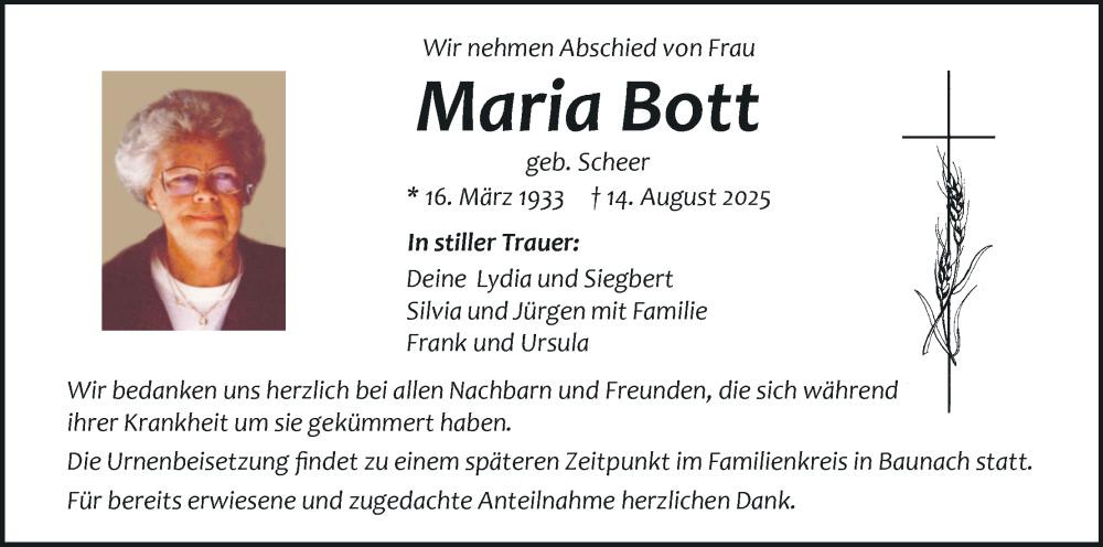  Traueranzeige für Maria Bott vom 30.08.2025 aus MGO