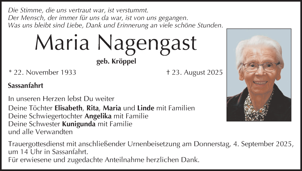  Traueranzeige für Maria Nagengast vom 30.08.2025 aus MGO