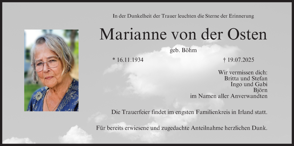 Traueranzeige für Marianne von der Osten vom 02.08.2025 aus MGO