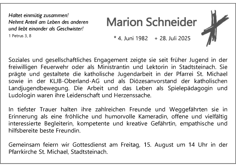  Traueranzeige für Marion Schneider vom 09.08.2025 aus MGO