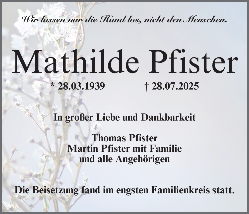  Traueranzeige für Mathilde Pfister vom 23.08.2025 aus MGO