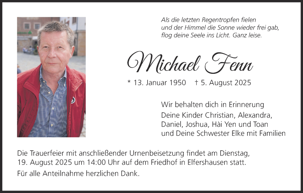  Traueranzeige für Michael Fenn vom 09.08.2025 aus MGO
