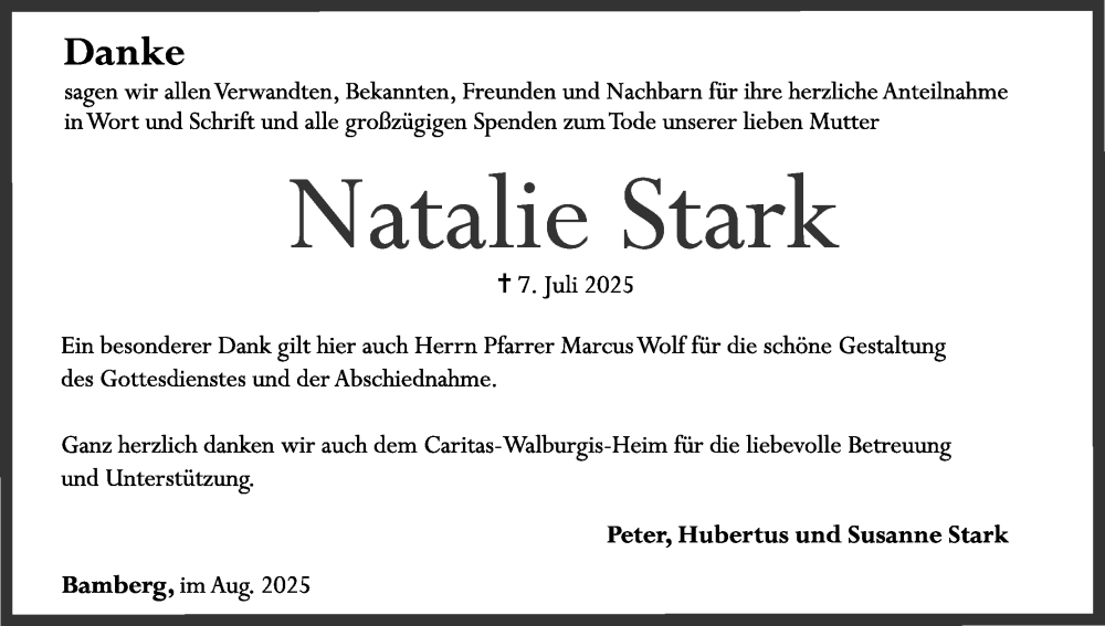  Traueranzeige für Natalie Stark vom 30.08.2025 aus MGO