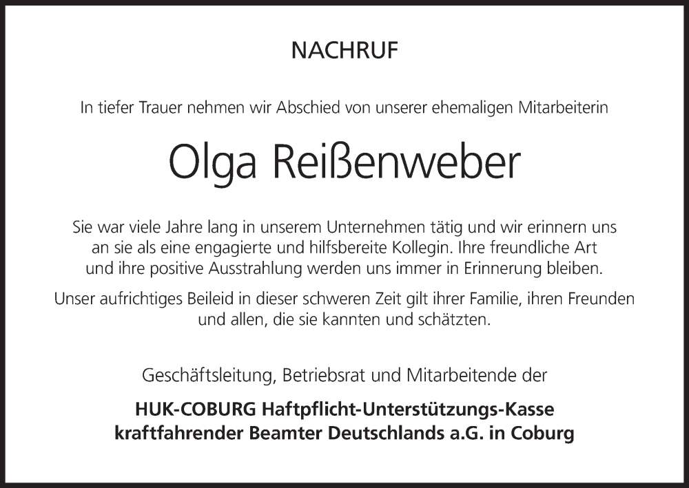  Traueranzeige für Olga Reißenweber vom 04.08.2025 aus MGO