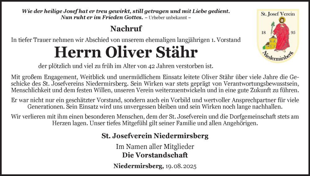  Traueranzeige für Oliver Stähr vom 20.08.2025 aus MGO