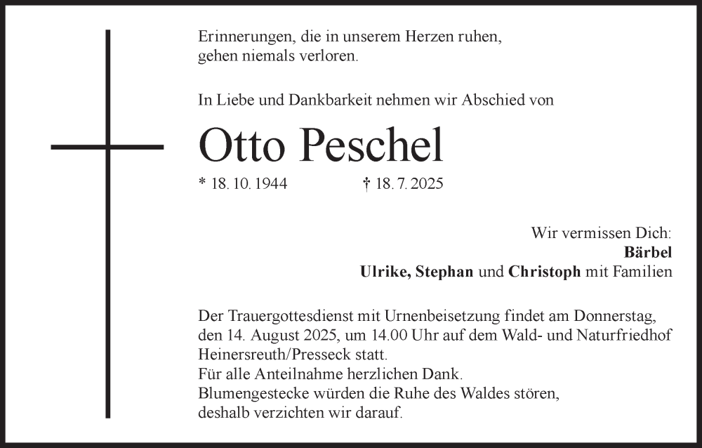  Traueranzeige für Otto Peschel vom 09.08.2025 aus MGO