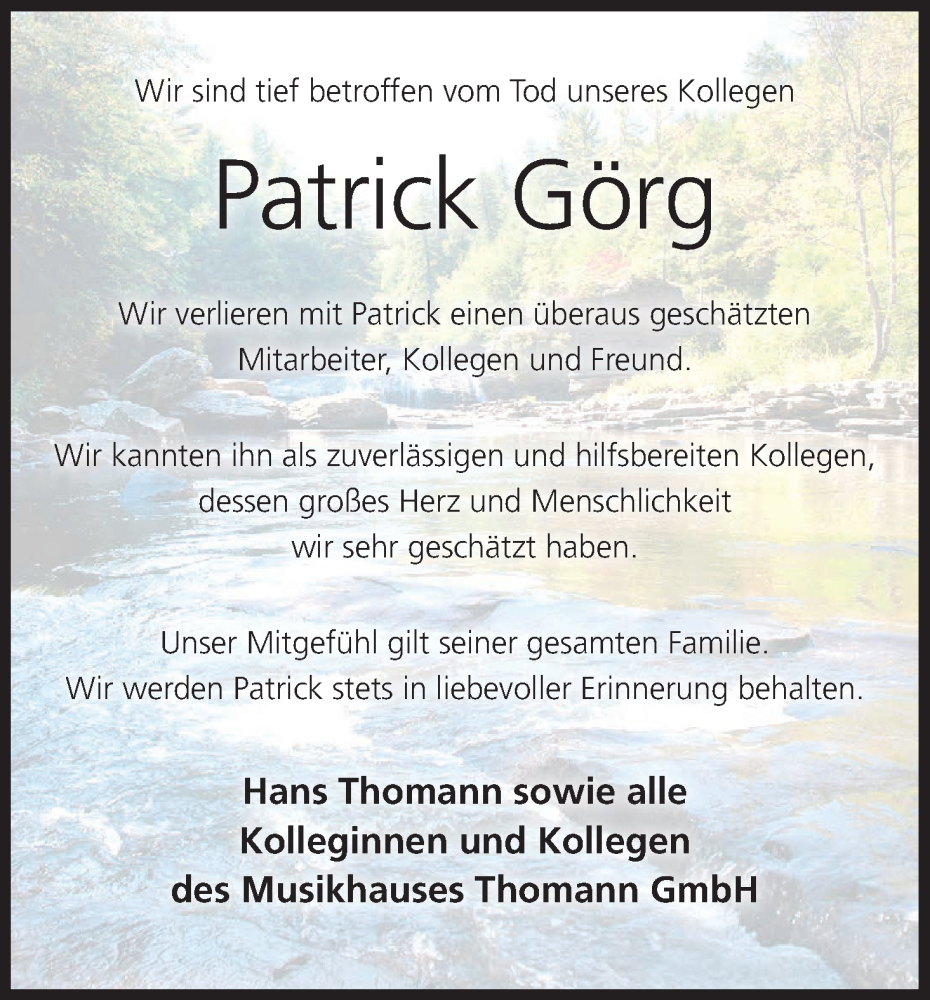  Traueranzeige für Patrick Görg vom 27.08.2025 aus MGO