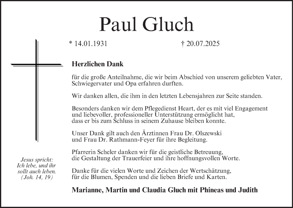  Traueranzeige für Paul Gluch vom 30.08.2025 aus MGO