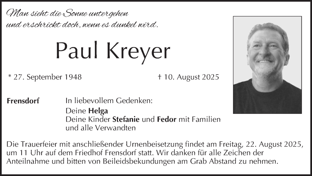  Traueranzeige für Paul Kreyer vom 16.08.2025 aus MGO