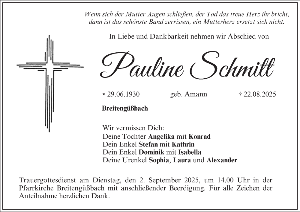  Traueranzeige für Pauline Schmitt vom 30.08.2025 aus MGO